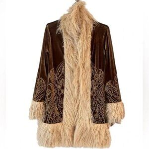 Penny Lane Faux Fur Trim Embroidered Coat Jacket